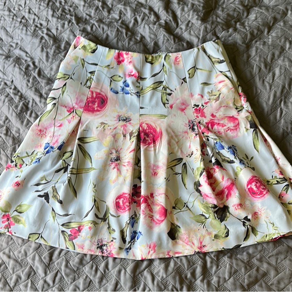 New York & Company Pink and Green Floral Pleated Skater Skirt